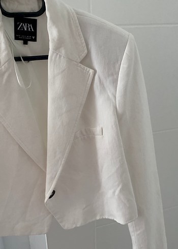 Beyaz Keten Kısa Kollu Kadın Blazer - Görsel 3