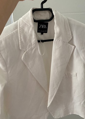 Beyaz Keten Kısa Kollu Kadın Blazer - Görsel 2