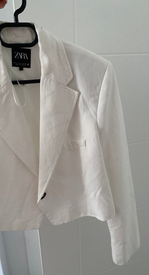 Beyaz Keten Kısa Kollu Kadın Blazer - Görsel 3