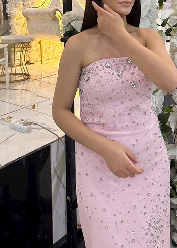 Pembe Straplez İşlemeli Payetli Midi Elbise - Görsel 2