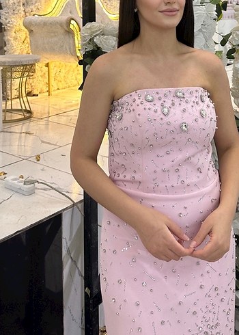 Pembe Straplez İşlemeli Payetli Midi Elbise - Görsel 3