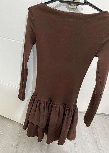 Kahverengi Uzun Kollu Fırfırlı Triko Elbise - Görsel 2