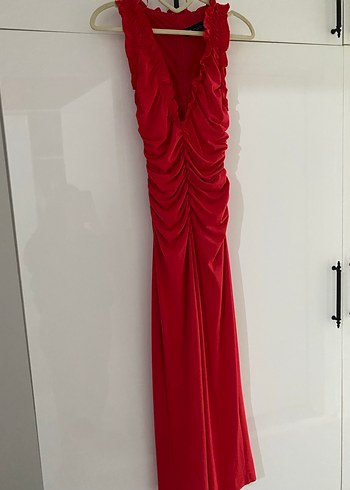 Kırmızı Drapeli Uzun Abiye Elbise - Görsel 2