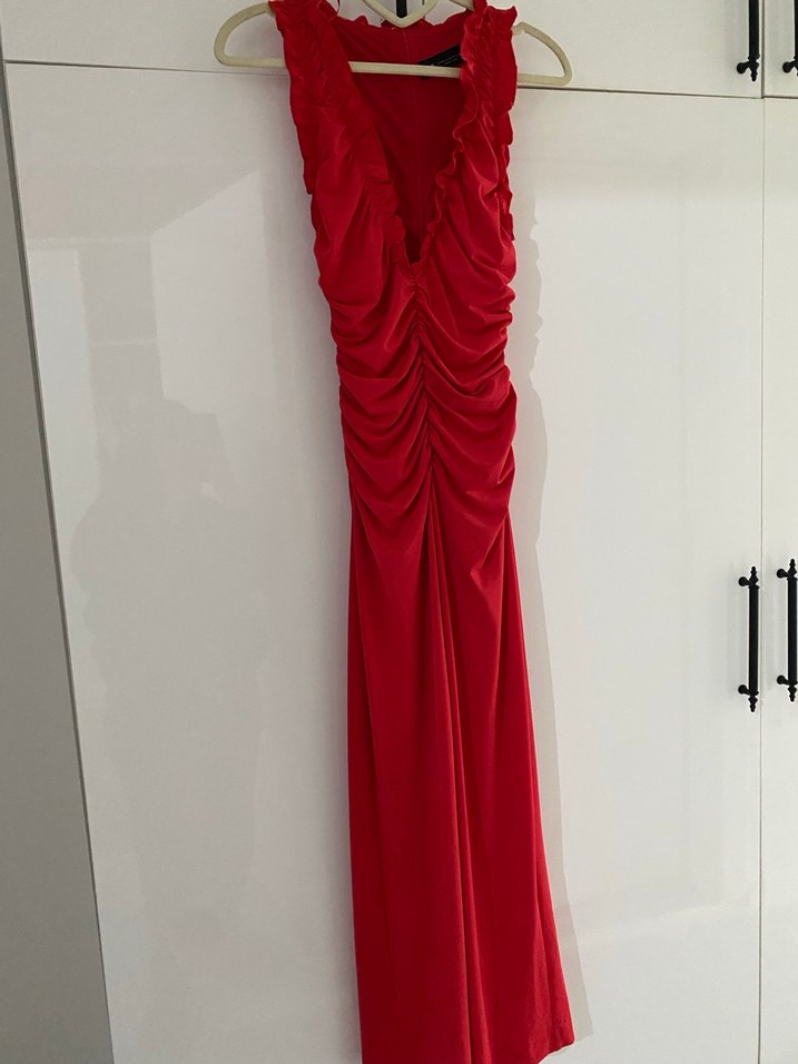 Kırmızı Drapeli Uzun Abiye Elbise - Görsel 2