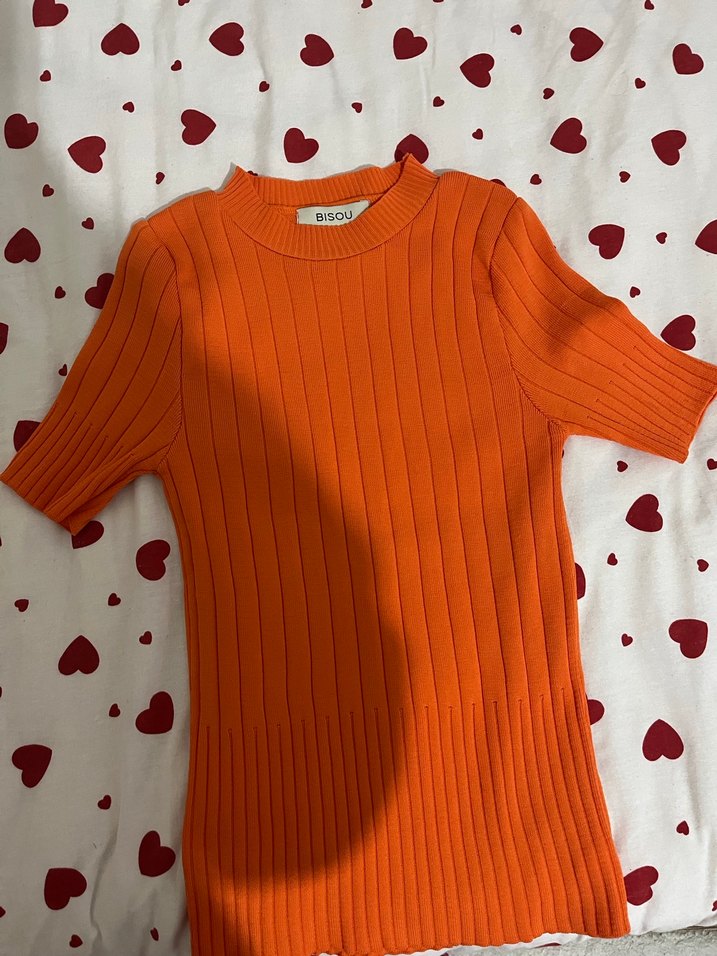 Turuncu Kısa Kollu Triko Kadın Kazak - Görsel 2