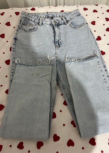 Mavi Bol Kesim Düğmeli Denim Kadın Pantolon - Görsel 3