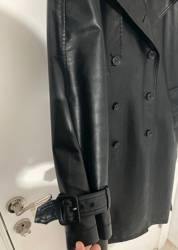 Defacto Siyah Deri Kadın Trençkot - Midi, Kemerli - Görsel 5