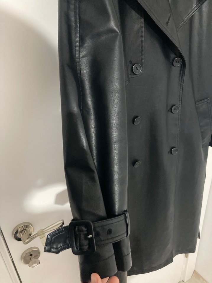 Defacto Siyah Deri Kadın Trençkot - Midi, Kemerli - Görsel 5