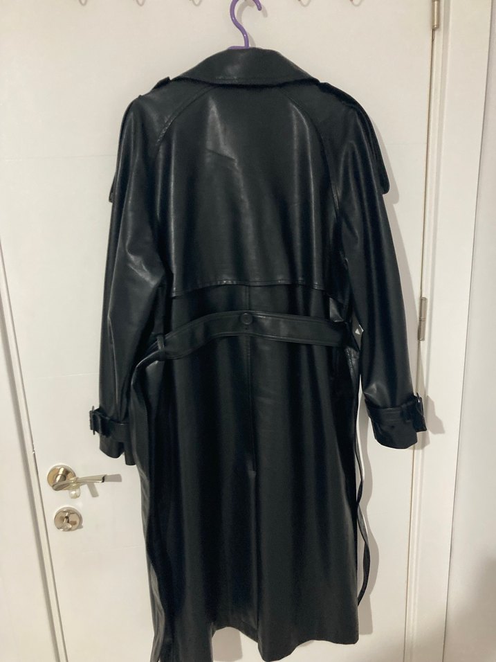 Defacto Siyah Deri Kadın Trençkot - Midi, Kemerli - Görsel 3