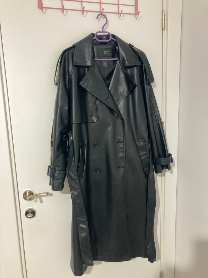 Defacto Siyah Deri Kadın Trençkot - Midi, Kemerli - Görsel 2