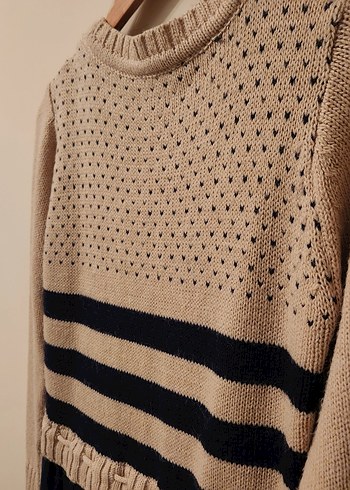 Bej Lacivert Kazaklı Uzun Elbise - Görsel 6