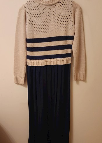 Bej Lacivert Kazaklı Uzun Elbise - Görsel 5