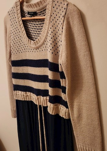 Bej Lacivert Kazaklı Uzun Elbise - Görsel 4