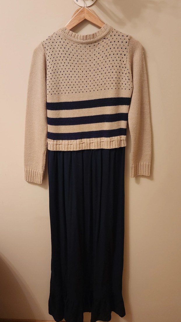 Bej Lacivert Kazaklı Uzun Elbise - Görsel 5