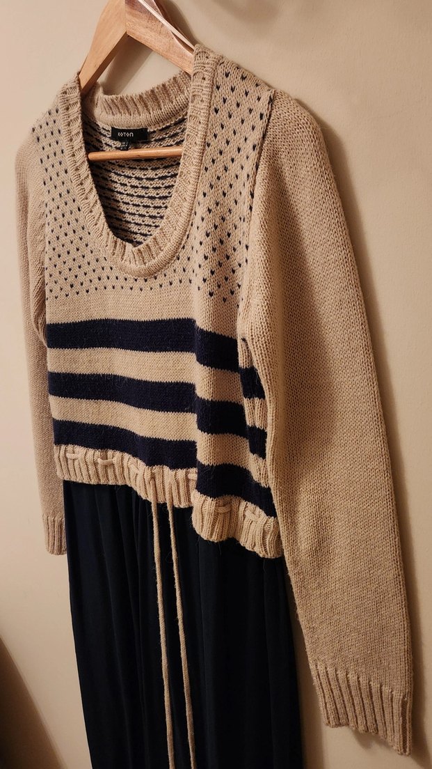 Bej Lacivert Kazaklı Uzun Elbise - Görsel 4