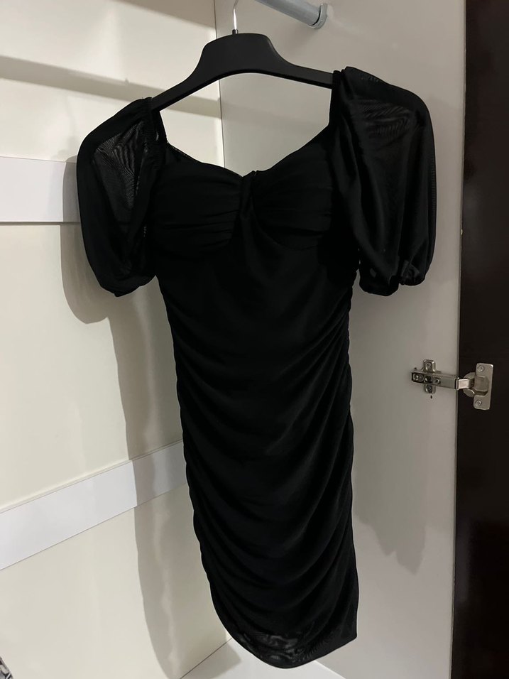 Siyah Drapeli V Yaka Midi Gotik Elbise - Görsel 2