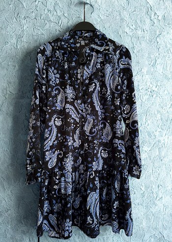 Bohem Uzun Kollu Mavi Desenli Elbise - Görsel 2