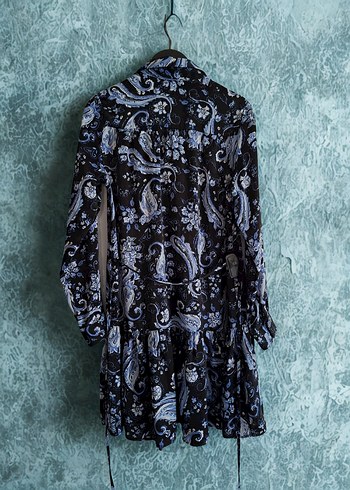 Bohem Uzun Kollu Mavi Desenli Elbise - Görsel 5