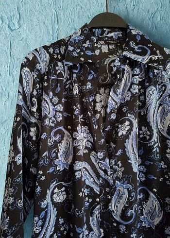 Bohem Uzun Kollu Mavi Desenli Elbise - Görsel 3