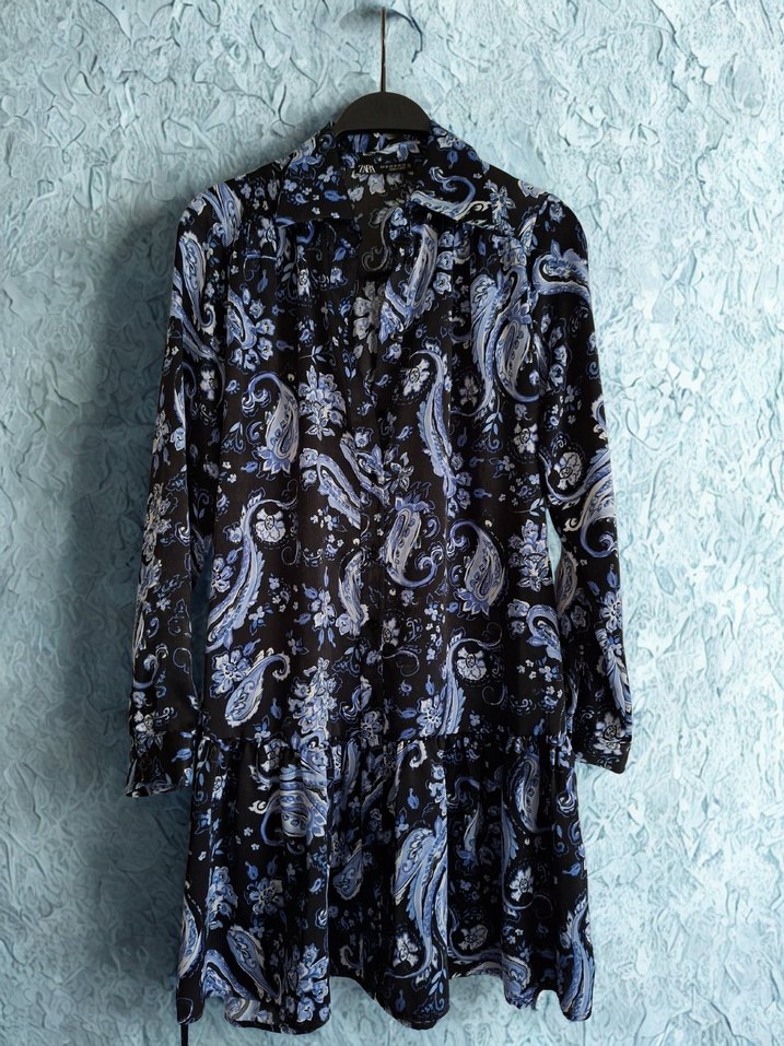 Bohem Uzun Kollu Mavi Desenli Elbise - Görsel 2