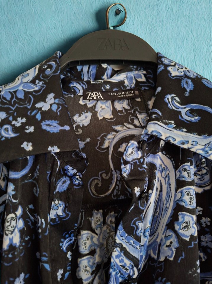 Bohem Uzun Kollu Mavi Desenli Elbise - Görsel 4