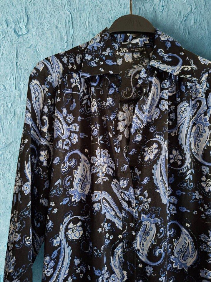 Bohem Uzun Kollu Mavi Desenli Elbise - Görsel 3