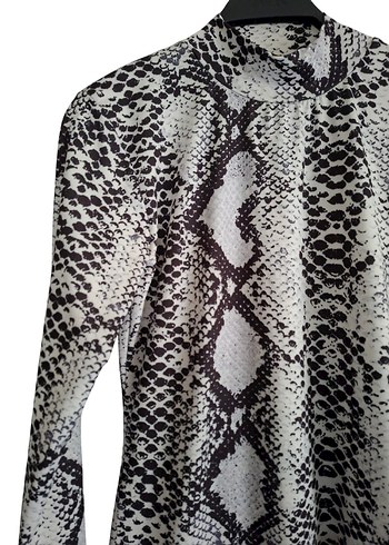 Gri Yılan Desenli Uzun Kollu Mini elbise - Görsel 3