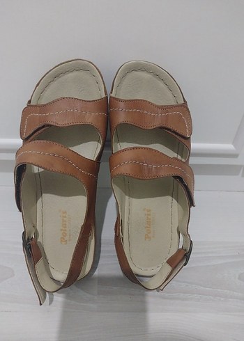 Bej Deri Kadın Dolgu Topuklu Sandalet - Görsel 2