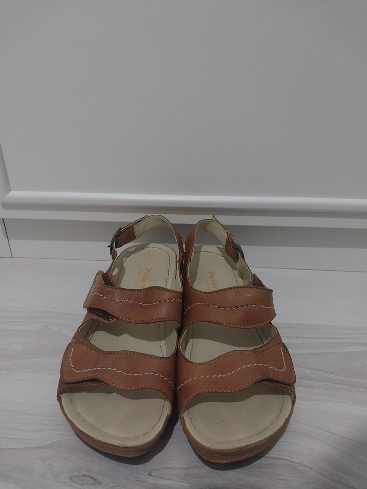 Bej Deri Kadın Dolgu Topuklu Sandalet - Görsel 3