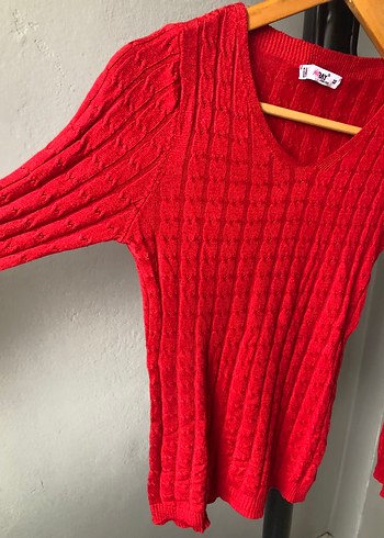 Kırmızı V Yaka Triko Kadın Kazak - Görsel 2