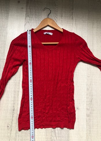 Kırmızı V Yaka Triko Kadın Kazak - Görsel 5