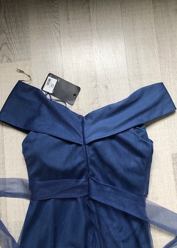 Lacivert Uzun Drapeli Straplez Abiye Elbise - Görsel 5