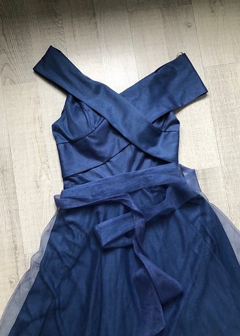 Lacivert Uzun Drapeli Straplez Abiye Elbise - Görsel 2