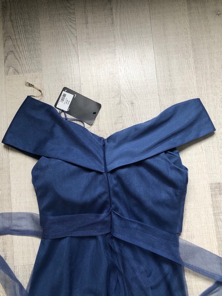 Lacivert Uzun Drapeli Straplez Abiye Elbise - Görsel 5