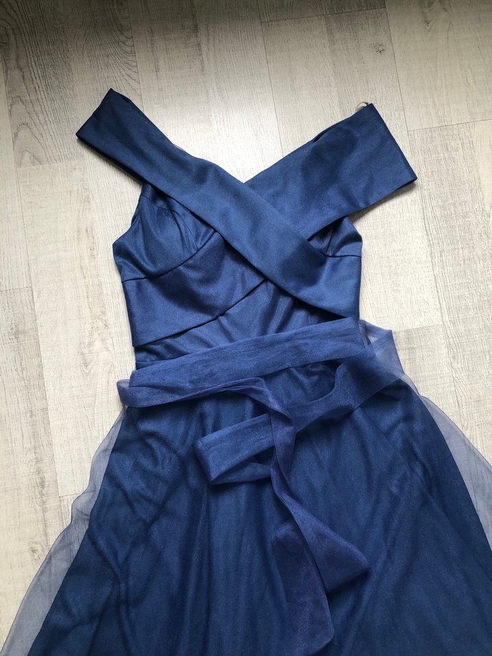 Lacivert Uzun Drapeli Straplez Abiye Elbise - Görsel 2