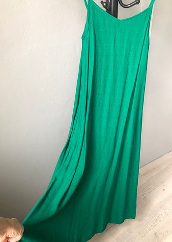 Yeşil Keten V Yaka uzun Elbise - Görsel 3