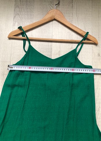 Yeşil Keten V Yaka uzun Elbise - Görsel 2