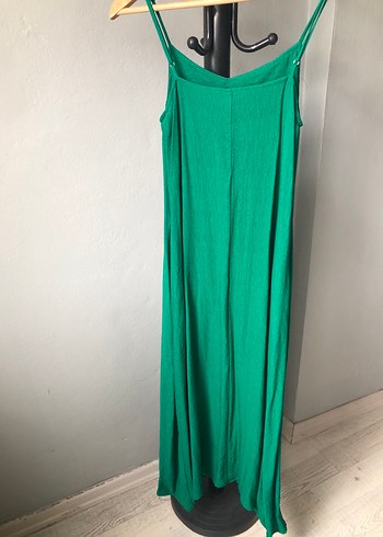 Yeşil Keten V Yaka uzun Elbise - Görsel 5