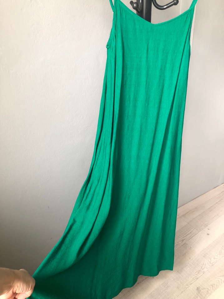 Yeşil Keten V Yaka uzun Elbise - Görsel 3