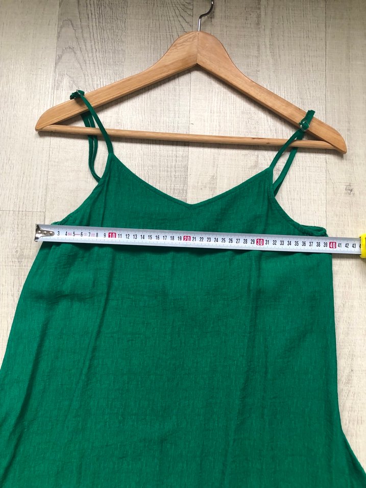 Yeşil Keten V Yaka uzun Elbise - Görsel 2