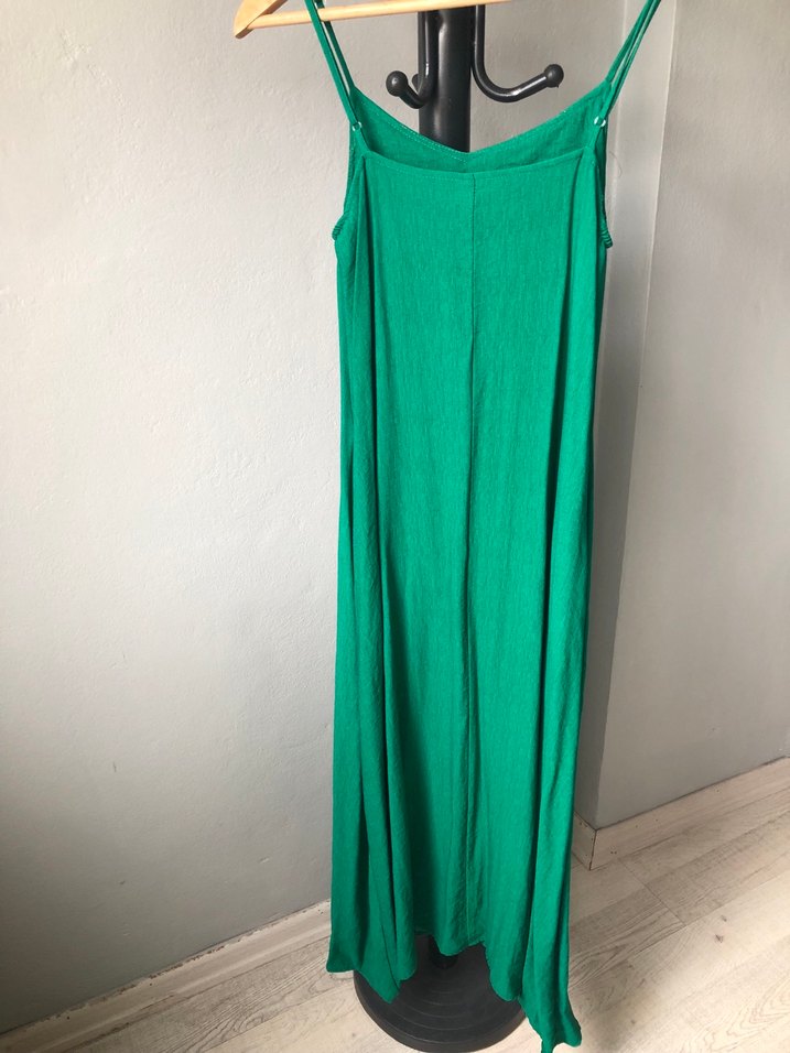 Yeşil Keten V Yaka uzun Elbise - Görsel 5