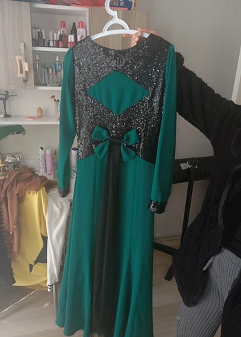 Yeşil Uzun Kollu Drapeli Abiye Elbise - Görsel 2