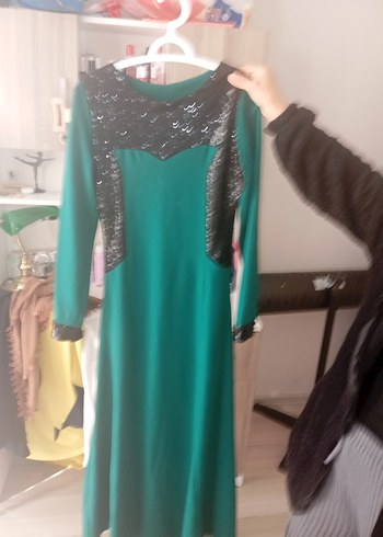 Yeşil Uzun Kollu Drapeli Abiye Elbise - Görsel 3