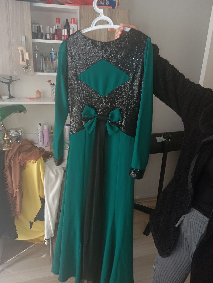 Yeşil Uzun Kollu Drapeli Abiye Elbise - Görsel 2