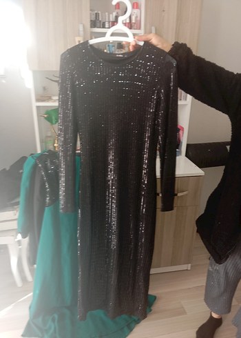 Siyah Uzun Kollu Drapeli Kadın Abiye Elbise - Görsel 3