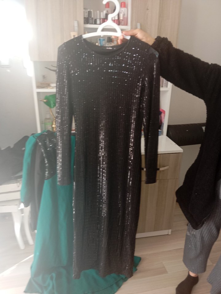 Siyah Uzun Kollu Drapeli Kadın Abiye Elbise - Görsel 3