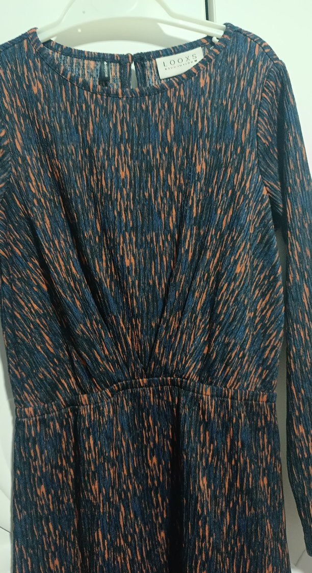 Uzun Kollu lacivert bakır renki Piliseli Bohem Elbise - Görsel 3