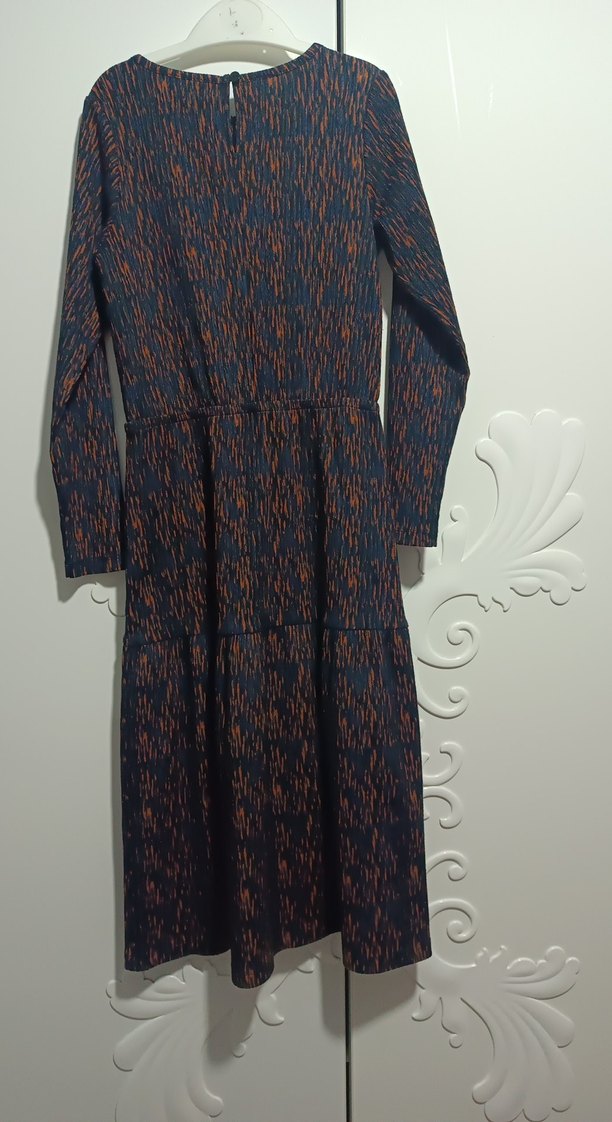 Uzun Kollu lacivert bakır renki Piliseli Bohem Elbise - Görsel 5