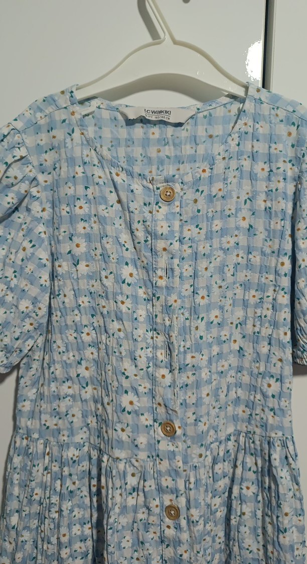 Mavi Pamuklu Düğmeli Uzun Bohem Kız  Çocuk Elbise - Görsel 2