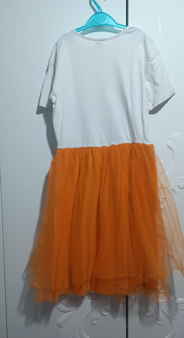 Kız Çocuk Turuncu Baskılı Pilili Elbise - Görsel 4